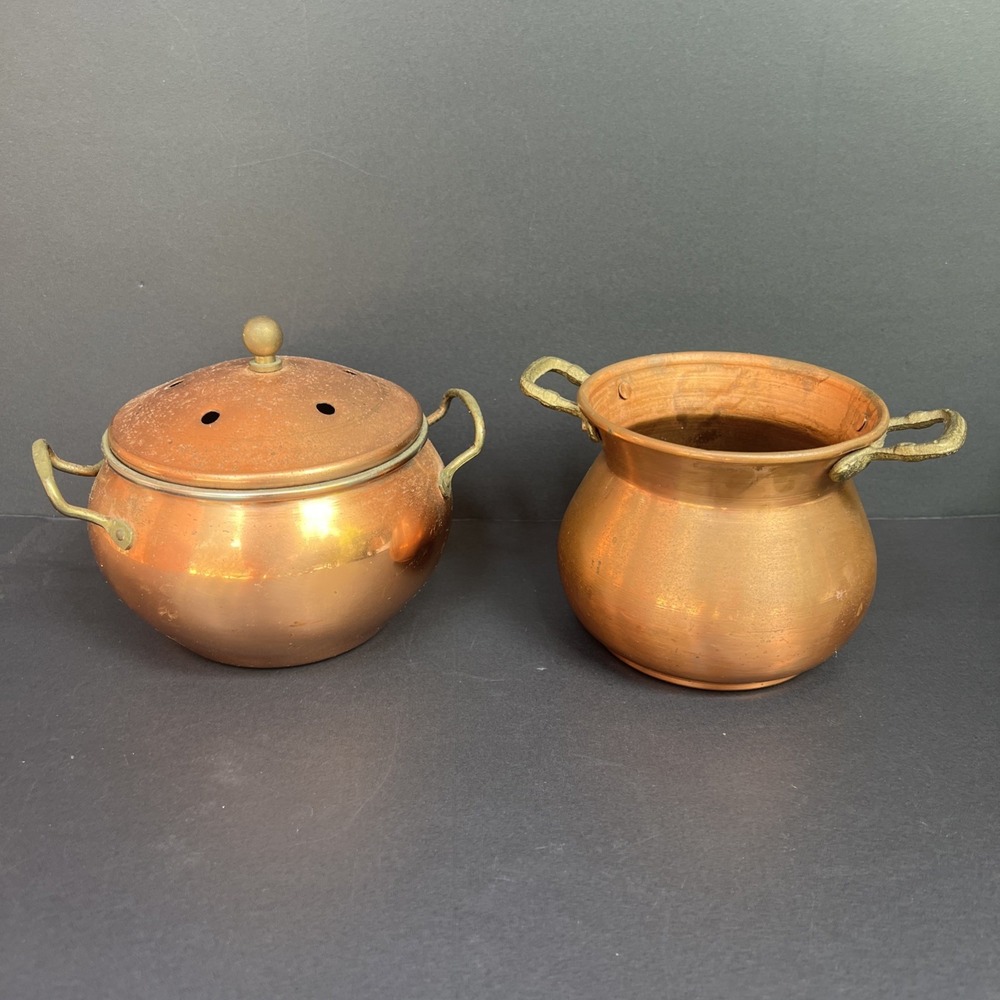 VTG Copper Potpourri Pot Primitive Copper Cachepot Cauldron x2 Taiwan Decor Set - Picture 2 of 11
